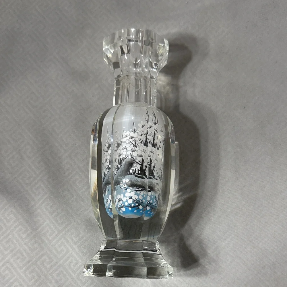 Vintage Collectible Reverse Painted Crystal Japanese Apple Blossom Gift Bud Vase